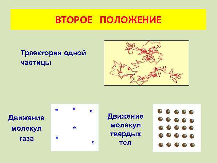 ВТОРОЕ ПОЛОЖЕНИЕ Траектория одной частицы Движение молекул газа Движение молекул твердых тел 