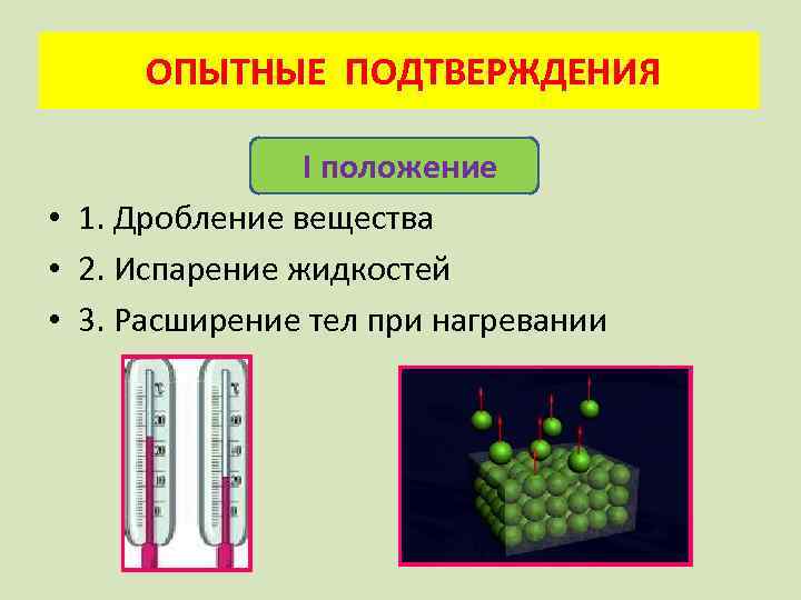  ОПЫТНЫЕ ПОДТВЕРЖДЕНИЯ I положение • 1. Дробление вещества • 2. Испарение жидкостей •