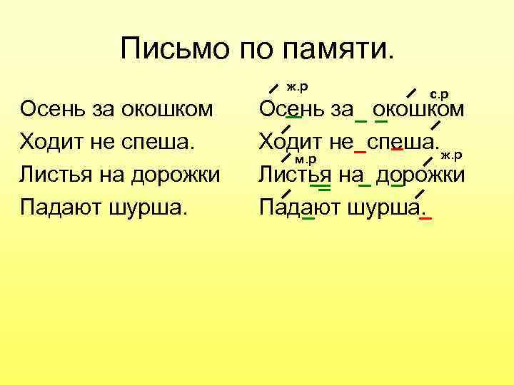 Письмо по памяти. ж. р Осень за окошком Ходит не спеша. Листья на дорожки