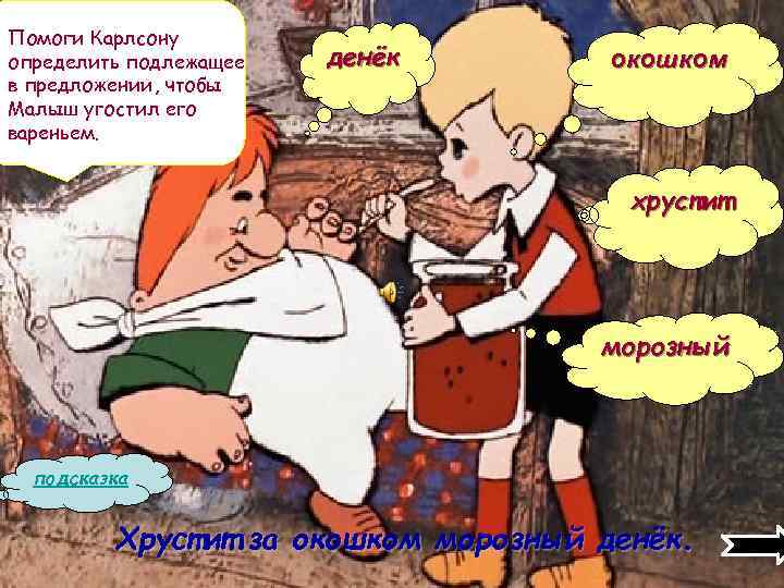 Помоги Карлсону определить подлежащее в предложении, чтобы Малыш угостил его вареньем. денёк окошком хрустит