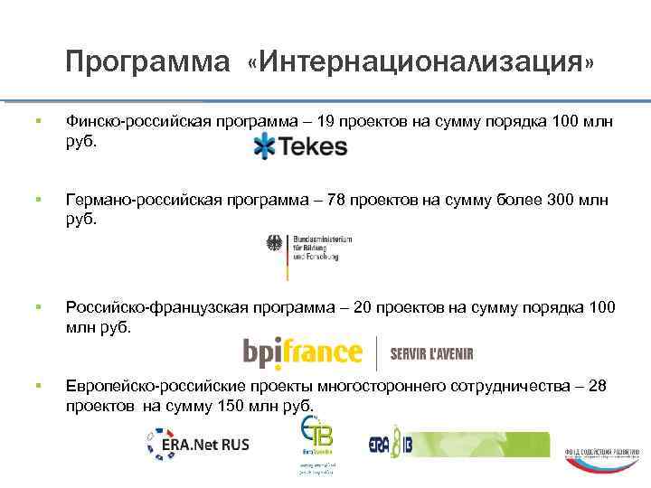 Программа «Интернационализация» Финско-российская программа – 19 проектов на сумму порядка 100 млн руб. Германо-российская
