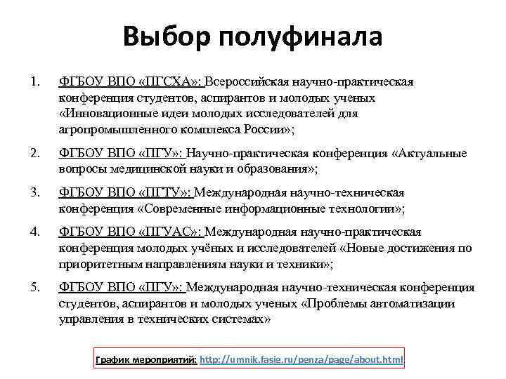 Выбор полуфинала 1. ФГБОУ ВПО «ПГСХА» : Всероссийская научно-практическая конференция студентов, аспирантов и молодых