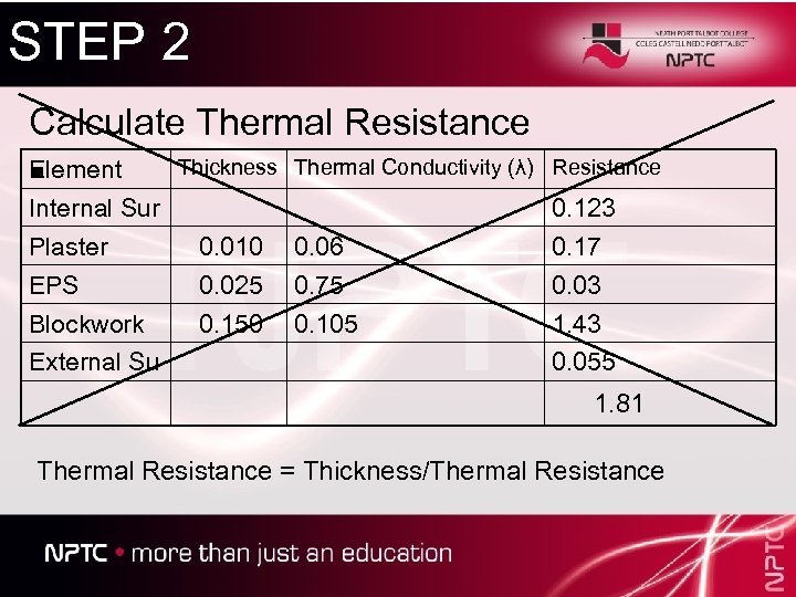 STEP 2 Calculate Thermal Resistance Thickness Thermal Conductivity (λ) Element § Internal Sur Resistance