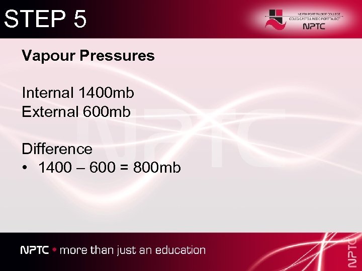 STEP 5 Vapour Pressures Internal 1400 mb External 600 mb Difference • 1400 –