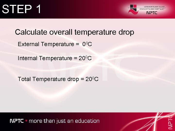 STEP 1 Calculate overall temperature drop External Temperature = 00 C Internal Temperature =