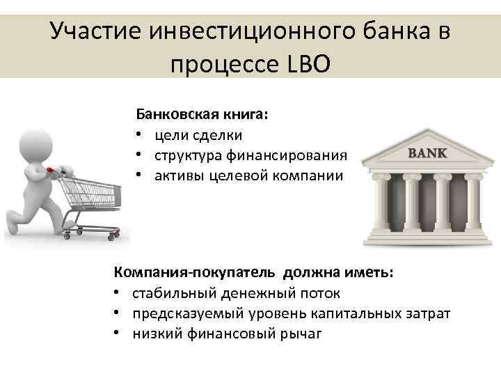 Участие инвестиционного банка в процессе LBO Банковская книга: • цели сделки • структура финансирования