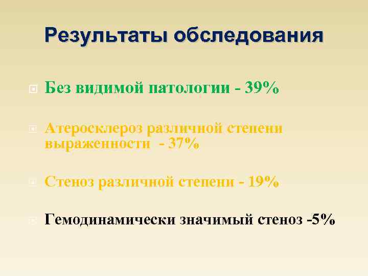 Результаты обследования Без видимой патологии - 39% Атеросклероз различной степени выраженности - 37% Стеноз