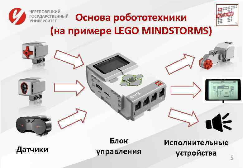 Основа робототехники (на примере LEGO MINDSTORMS) Датчики Блок управления Исполнительные устройства 5 
