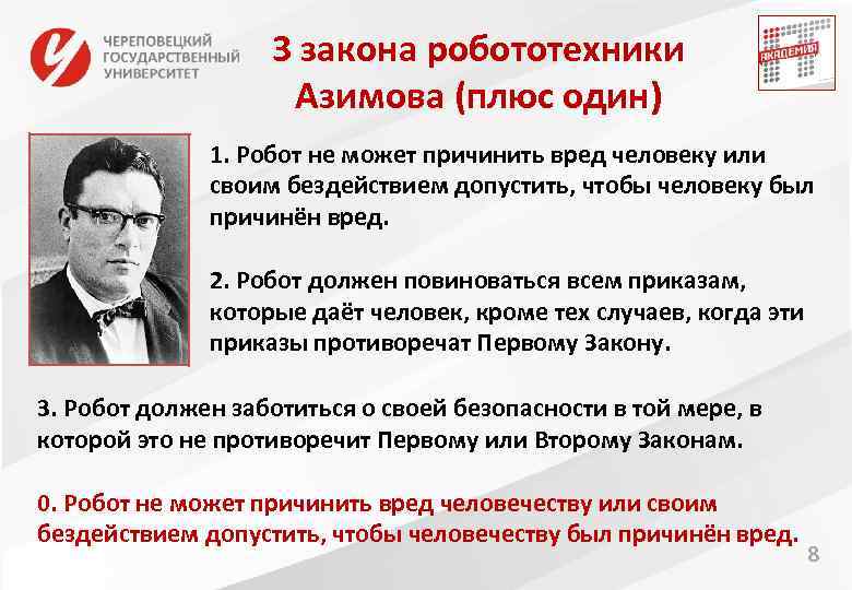 3 закона робототехники Азимова (плюс один) 1. Робот не может причинить вред человеку или