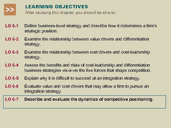 LO 6 -1 Define business-level strategy and describe how it determines a firm’s strategic