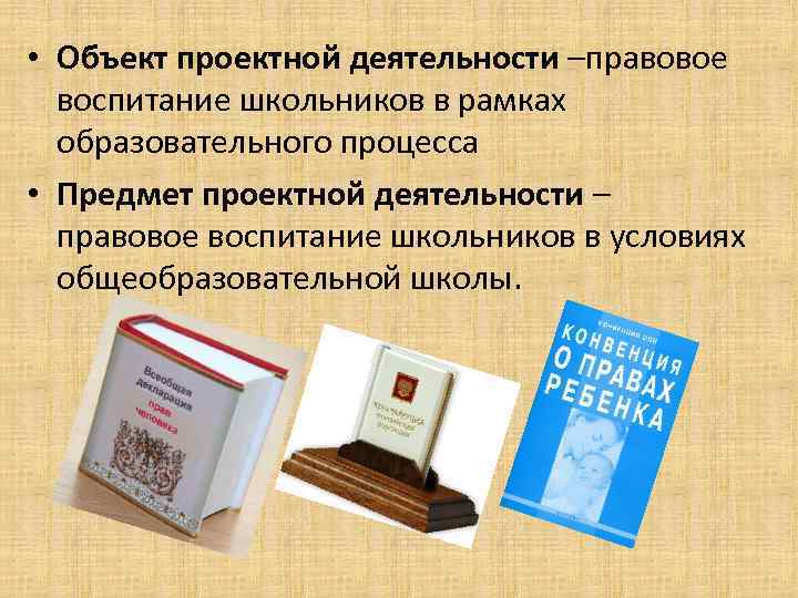  • Объект проектной деятельности –правовое воспитание школьников в рамках образовательного процесса • Предмет