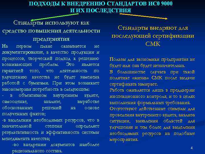 ПОДХОДЫ К ВНЕДРЕНИЮ СТАНДАРТОВ ИС 0 9000 И ИХ ПОСЛЕДСТВИЯ Стандарты используют как средство