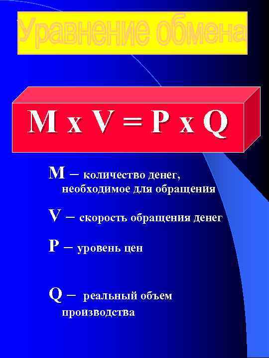 Мх. V=Px. Q М – количество денег, необходимое для обращения V – скорость обращения