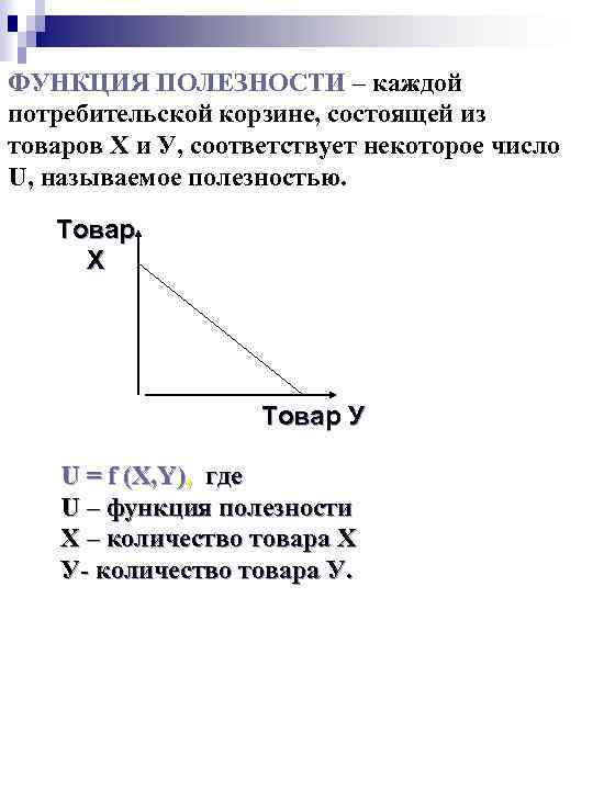 ФУНКЦИЯ ПОЛЕЗНОСТИ – каждой потребительской корзине, состоящей из товаров Х и У, соответствует некоторое