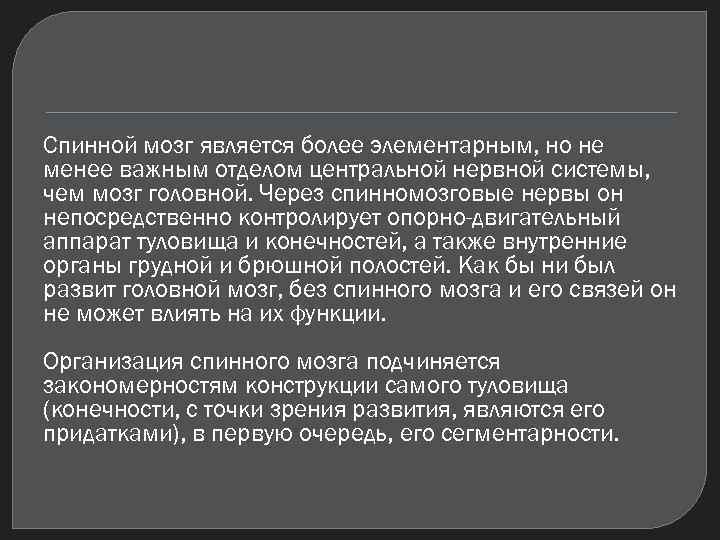 Спинной мозг является более элементарным, но не менее важным отделом центральной нервной системы, чем