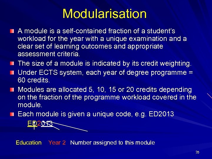Modularisation A module is a self-contained fraction of a student’s workload for the year