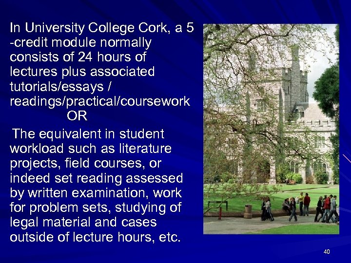  In University College Cork, a 5 -credit module normally consists of 24 hours