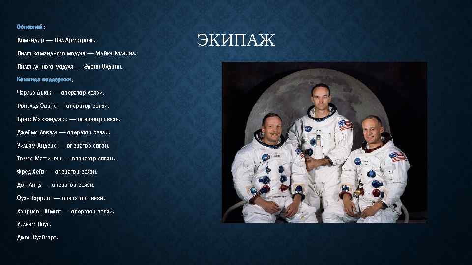 Основной: Командир — Нил Армстронг. Пилот командного модуля — Майкл Коллинз. Пилот лунного модуля