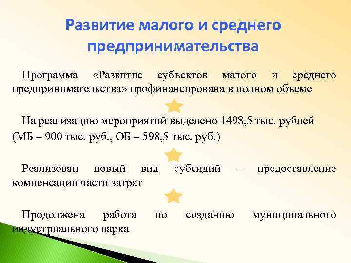 Развитие малого и среднего предпринимательства Программа «Развитие субъектов малого и среднего предпринимательства» профинансирована в