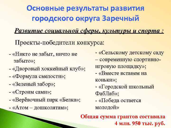 Основные результаты развития городского округа Заречный Развитие социальной сферы, культуры и спорта : Проекты-победители