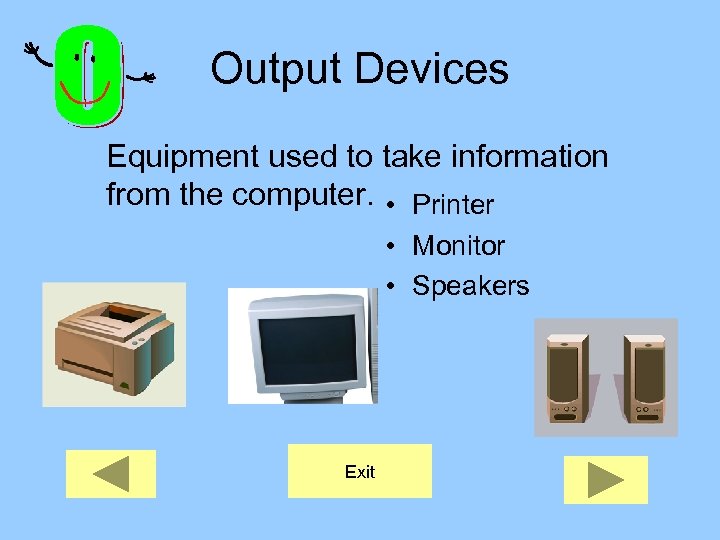 Output Devices Equipment used to take information from the computer. • Printer • Monitor