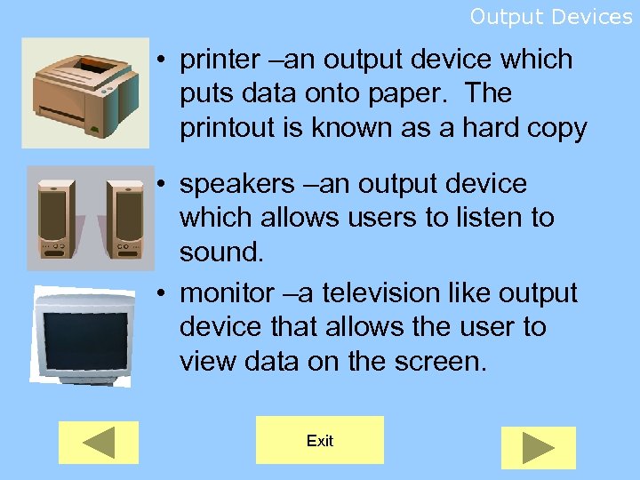 Output Devices • printer –an output device which puts data onto paper. The printout