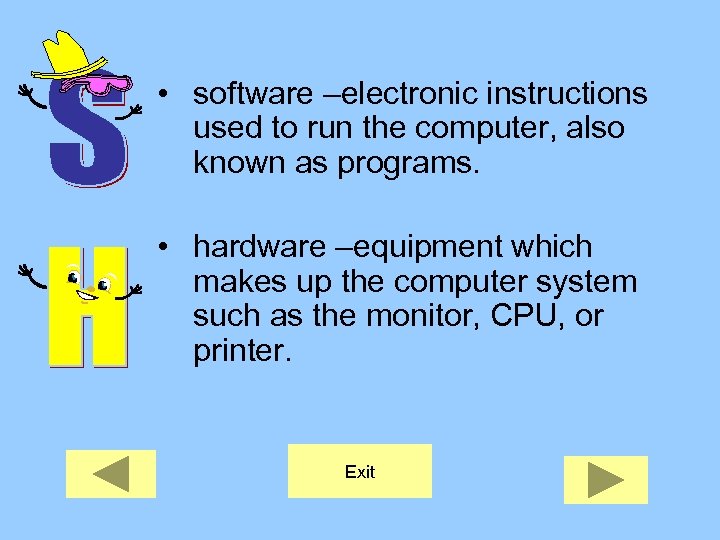  • software –electronic instructions used to run the computer, also known as programs.