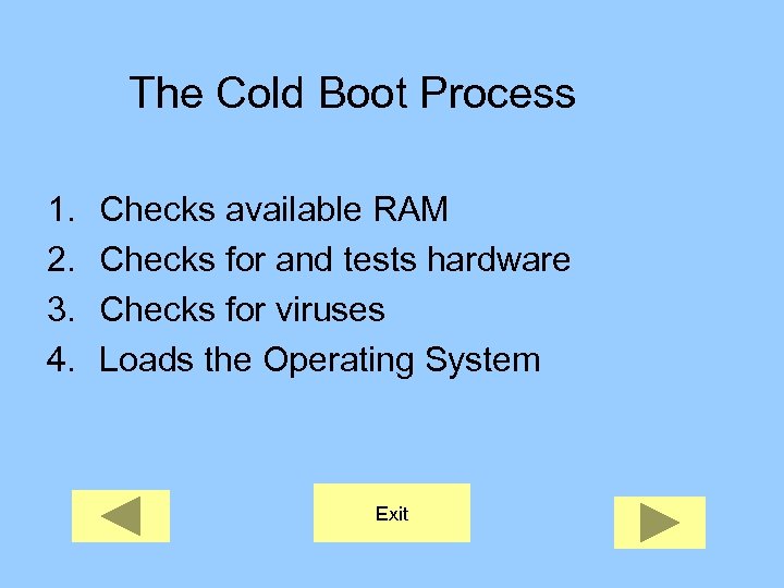 The Cold Boot Process 1. 2. 3. 4. Checks available RAM Checks for and