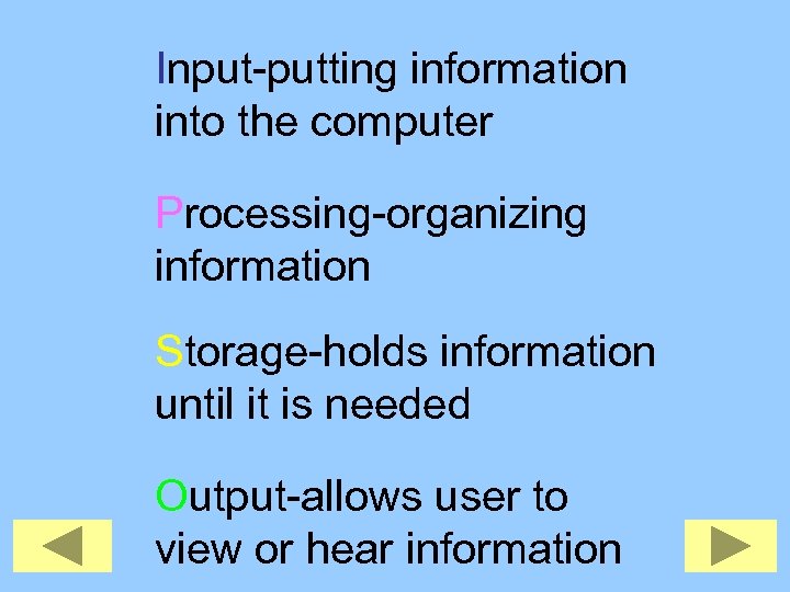 Input-putting information into the computer Processing-organizing information Storage-holds information until it is needed Output-allows