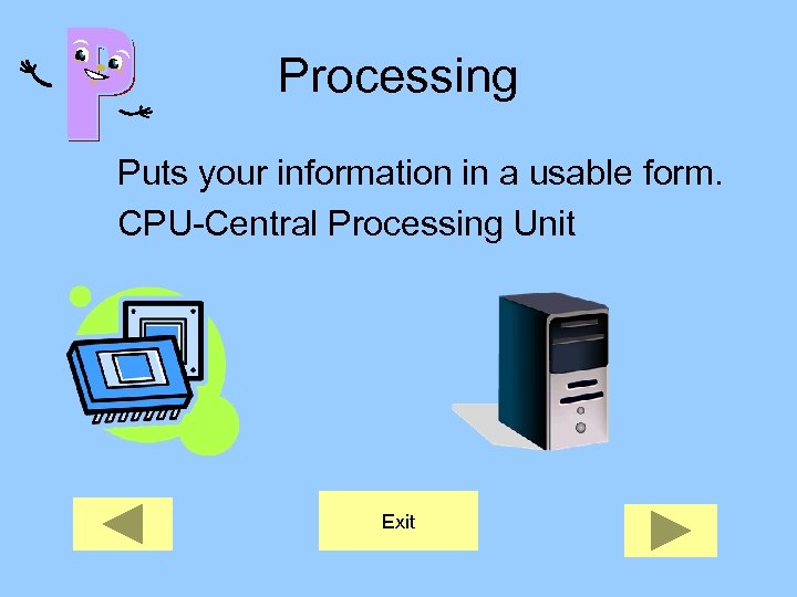 Processing Puts your information in a usable form. CPU-Central Processing Unit Exit 