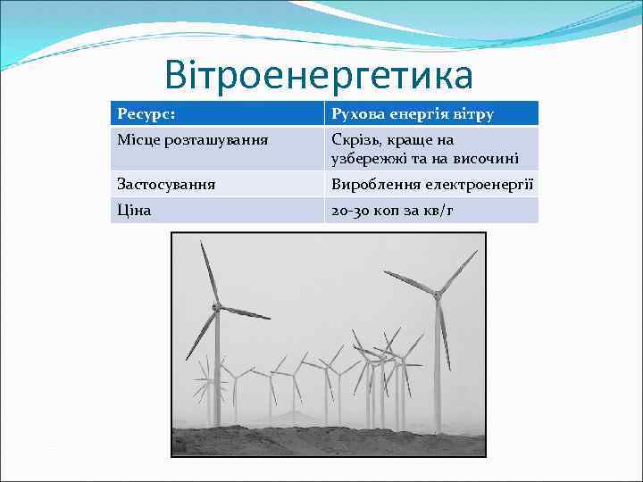 Вітроенергетика Ресурс: Рухова енергія вітру Місце розташування Скрізь, краще на узбережжі та на височині