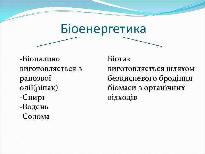 Біоенергетика -Біопаливо виготовляється з рапсової олії(ріпак) -Спирт -Водень -Солома Біогаз виготовляється шляхом безкисневого бродіння