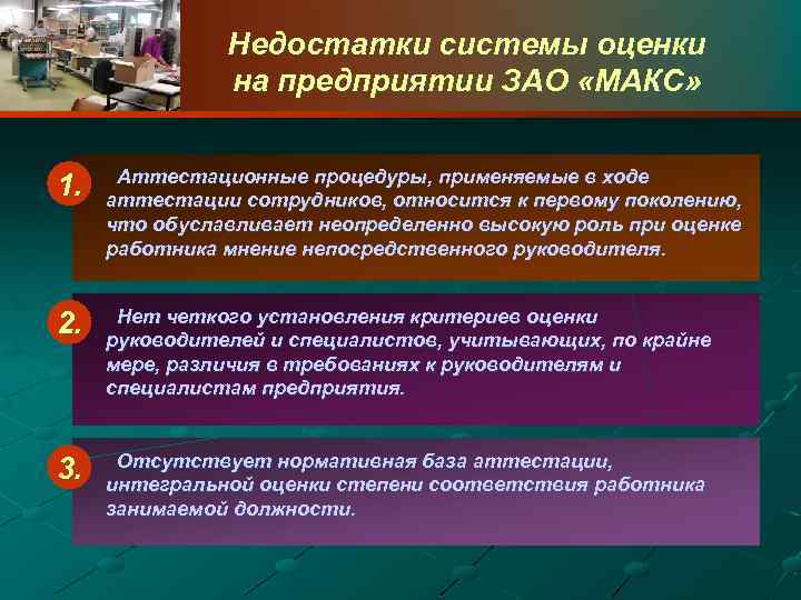Недостатки системы оценки на предприятии ЗАО «МАКС» 1. Аттестационные процедуры, применяемые в ходе аттестации