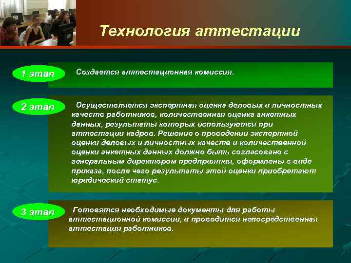 Технология аттестации 1 этап Создается аттестационная комиссия. 2 этап Осуществляется экспертная оценка деловых и