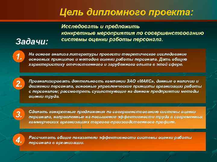 Цель дипломного проекта: Задачи: Исследовать и предложить конкретные мероприятия по совершенствованию системы оценки работы