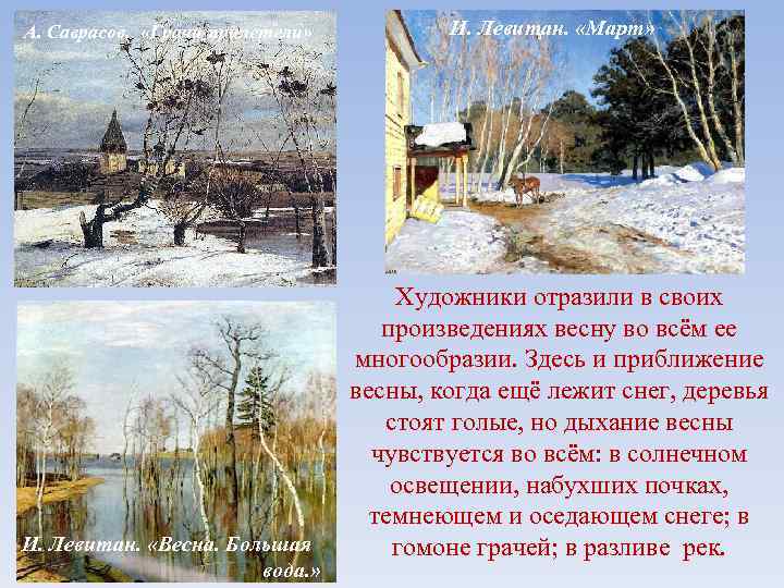 А. Саврасов. «Грачи прилетели» И. Левитан. «Весна. Большая вода. » И. Левитан. «Март» Художники