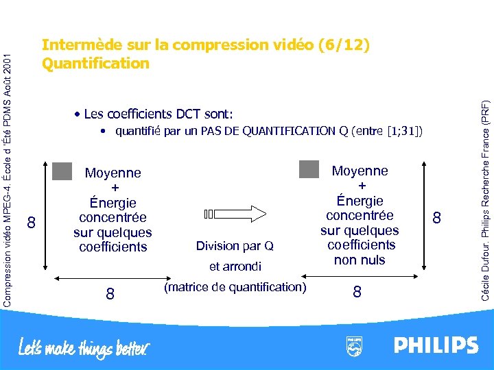  • Les coefficients DCT sont: • quantifié par un PAS DE QUANTIFICATION Q
