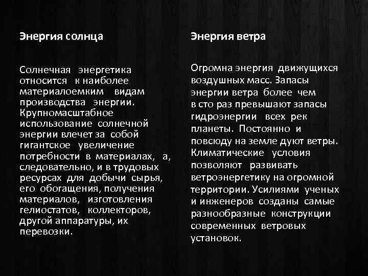 Энергия солнца Энергия ветра Солнечная энергетика относится к наиболее материалоемким видам производства энергии. Крупномасштабное