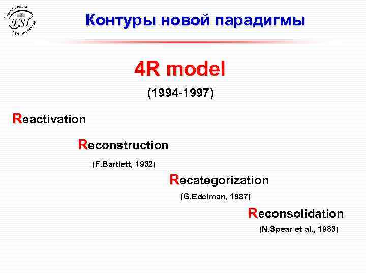 Контуры новой парадигмы 4 R model (1994 -1997) Reactivation Reconstruction (F. Bartlett, 1932) Recategorization