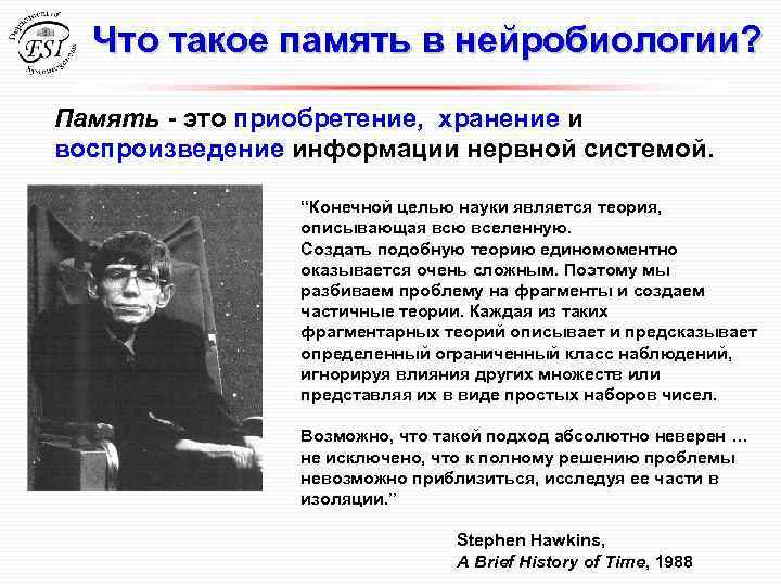 Что такое память в нейробиологии? Память - это приобретение, хранение и воспроизведение информации нервной