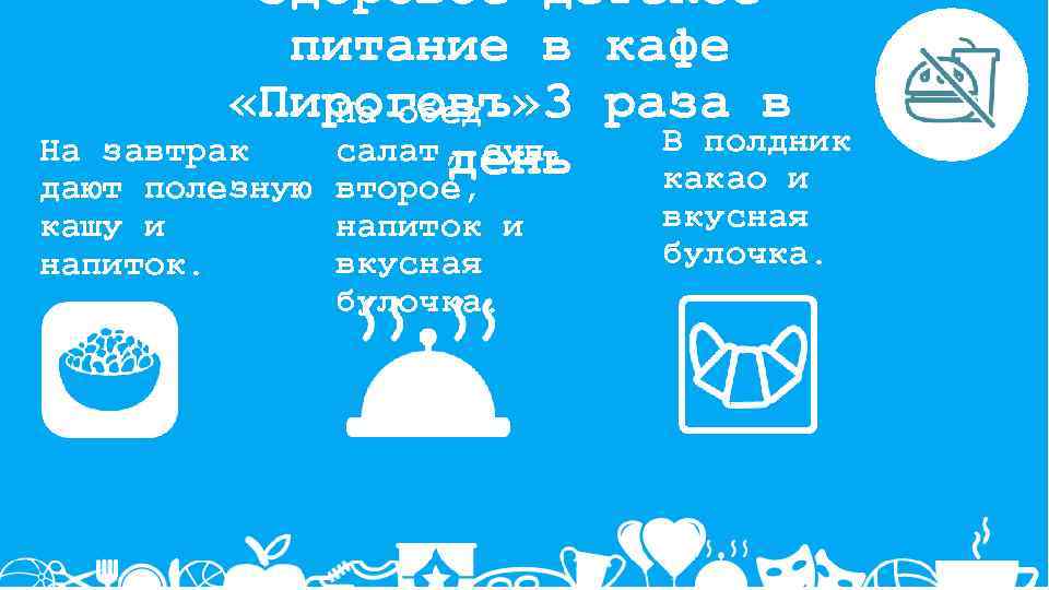 Здоровое детское питание в кафе «Пироговъ» 3 раза в На обед В полдник салат,