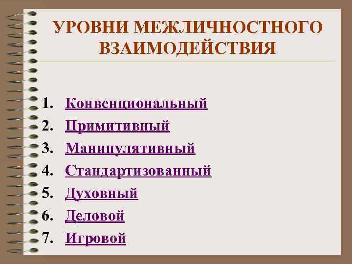 УРОВНИ МЕЖЛИЧНОСТНОГО ВЗАИМОДЕЙСТВИЯ 1. 2. 3. 4. 5. 6. 7. Конвенциональный Примитивный Манипулятивный Стандартизованный