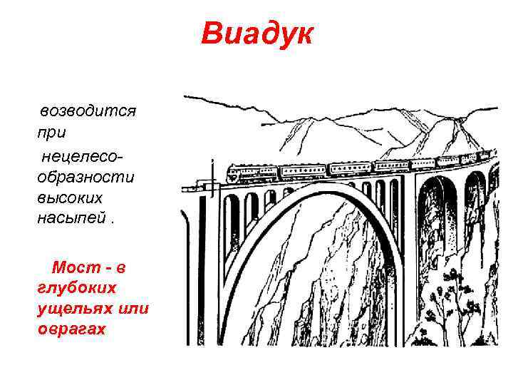 Виадук возводится при нецелесообразности высоких насыпей. Мост - в глубоких ущельях или оврагах 