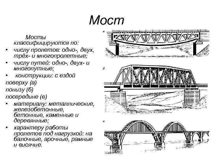 Мосты классифицируются по: • числу пролетов: одно-, двух, трёх- и многопролетные; • числу путей: