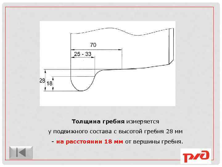 Толщина гребня измеряется у подвижного состава с высотой гребня 28 мм - на расстоянии