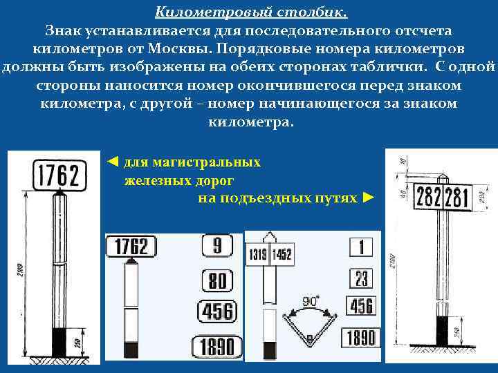 Километровый столбик. Знак устанавливается для последовательного отсчета километров от Москвы. Порядковые номера километров должны