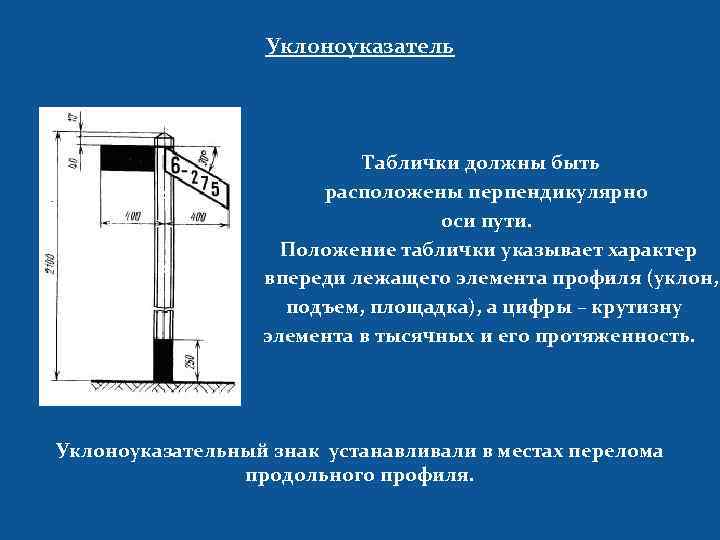 Уклоноуказатель Таблички должны быть расположены перпендикулярно оси пути. Положение таблички указывает характер впереди лежащего