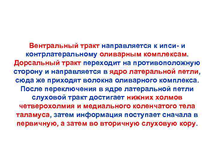 Вентральный тракт направляется к ипси- и контрлатеральному оливарным комплексам. Дорсальный тракт переходит на противоположную