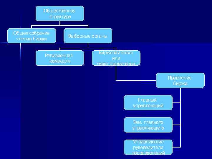 Общественная структура Общее собрание членов биржи Выборные органы Ревизионная комиссия Биржевой совет или совет