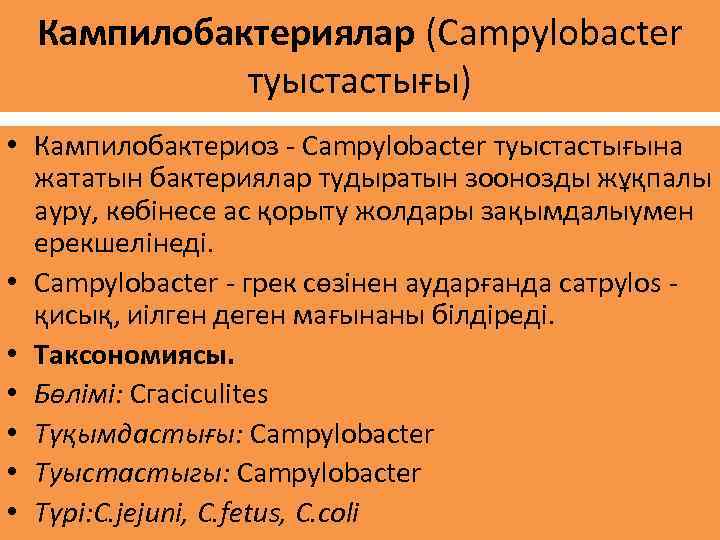 Кампилобактериялар (Сampylobacter туыстастығы) • Кампилобактериоз - Саmpylobacter туыстастығына жататын бактериялар тудыратын зоонозды жұқпалы ауру,